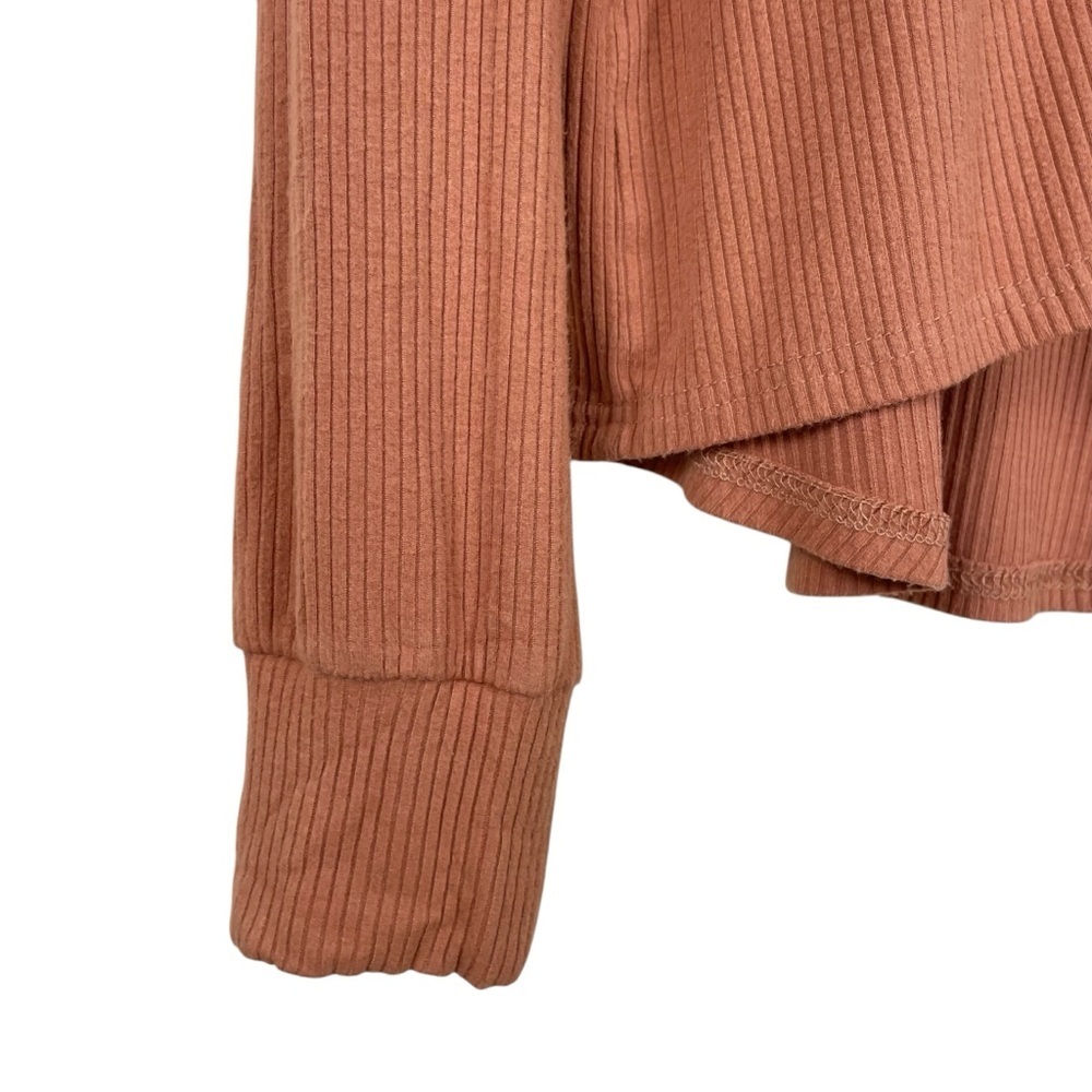 Cbrand Terracotta Orange Long Sleeved Ribbed Relaxed V-Neck Drawstring Top Sz M - Picture 6 of 13